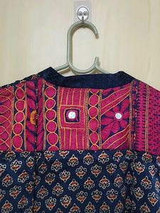 Elegant Navy Blue Kurta with Pink Neckline