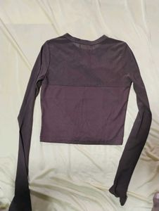 Brown Mesh Long Sleeve Crop Top