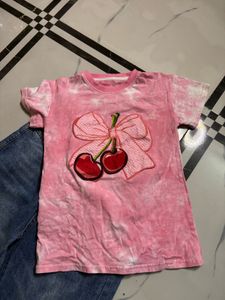 Cute Cherry Graphic Tee &amp; Wide Leg Jeans Set