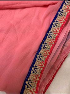 Pink Coral Saree with Royal Blue &amp; Gold Border