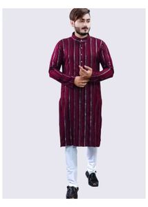 Men's Maroon Striped Kurta