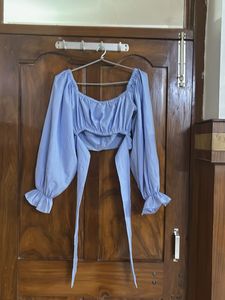 Trendy Blue Puff Sleeve Crop Top