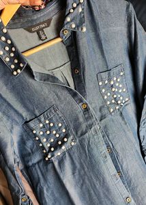 Pearl Embellished Denim Tunic Shirt