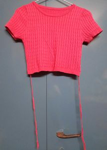 Rose Pink Cable Knit Cropped Top Tee with Strings