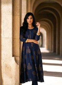 Navy Blue Printed Kurta