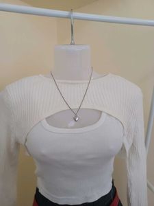 White Ribbed Cut-Out Bolero Top