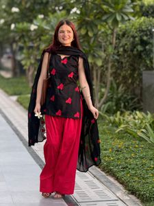 Black Farshi Salwar Kurta Set with Red Heart Print
