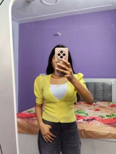 Yellow Puff Sleeve Cardigan