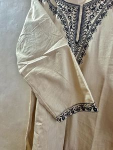 Embroidered Beige Cotton Kurta
