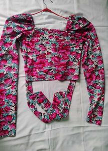 Puff Sleeve Floral Tie-Front Crop Top