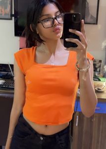 Vibrant Orange Square Neck Cropped Top