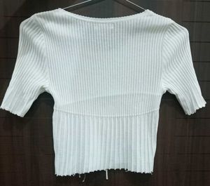 White Ribbed Cinched Waist Top