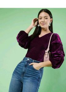 Purple Velvet Puff Sleeve Top