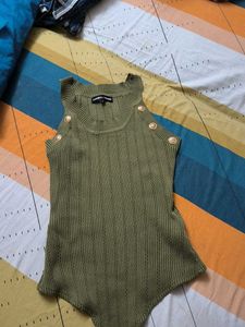 Olive Green Sleeveless Top with Buttons