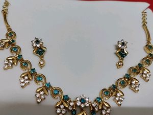 Light Blue Stone Gold Plated Necklace With Earring