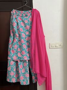 Sky blue &amp;Pink  Floral Kurta Set with Dupatta