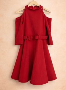 Chic Red Cold Shoulder Belted Dress