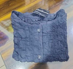 Grey Textured Cropped Button-Up Top