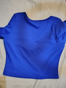 Ribbed Blue Square Neck Top