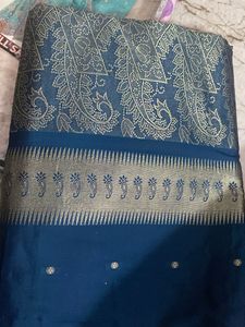 Elegant Blue Saree with Golden Paisley Border