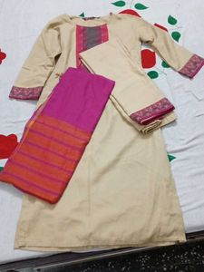 Elegant Beige Kurta Set with Pink Dupatta