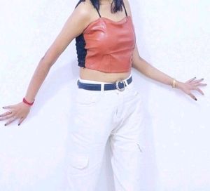 Leather Crop Top With Lace Work In Back