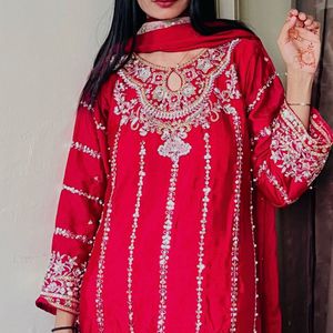 Embellished Red Kurta Set with Dupatta