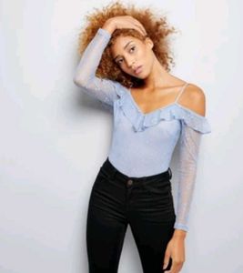 Chic Blue Ruffle Lace Bodysuit
