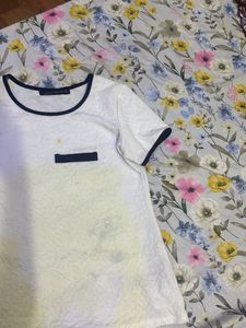 ZARA Woman Textured Top with Navy Trim