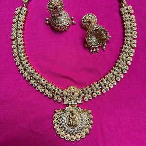 Traditional Gold Lakshmi Necklace &amp; Jhumka Earring
