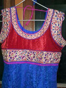 Blue anarkali Kurta with Red Velvet Yoke.