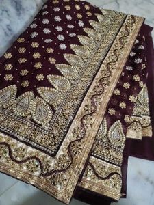 Embroidered brown golden saree ♥️