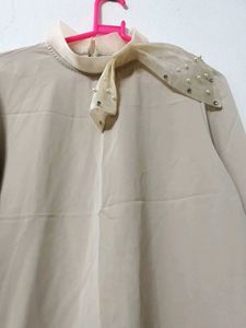 Elegant Beige Pearl Embellished Blouse