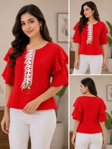Vibrant Red Ruffled Sleeve Top