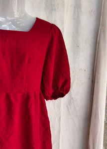 Chic Red Square Neck Puff Sleeve Dress