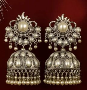 Oxidized Jhumka Earrings with Pearls