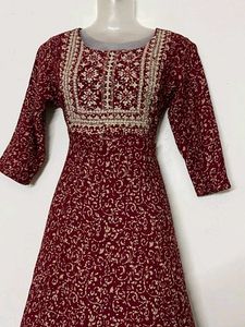 pure cotton long Maroon Printed Anarkali Kurta