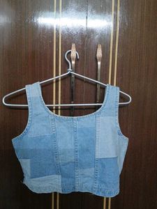 Patchwork Denim Zip-Up Crop Top