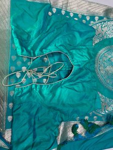 Teal Silk Saree with Silver Border