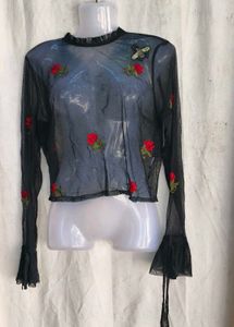 I. Sheer Black Floral Embroidered Top