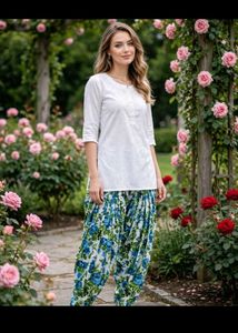 White Kurta with Floral Print Bottoms