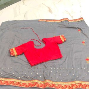 Designer Grey Saree with Red &amp; Gold Border