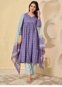 Purple Printed Kurta Set with Dupatta