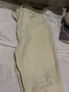 Cream Distressed Flare Jeans