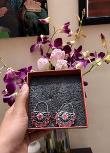 Voylla Boho Chic Red &amp; Silver Earrings