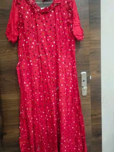 Red Printed Kurta with Ruffle Neck