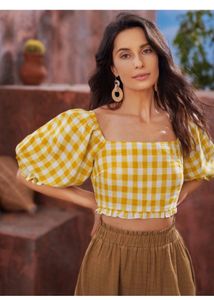 Crop top(Puff sleeves yellow &amp; white checkered)