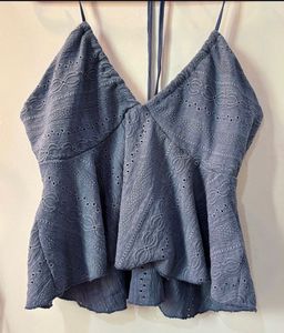 Blue Halter Neck Schiffli Top