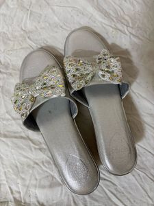 Sparkling Bow Embellished Silver Sandals