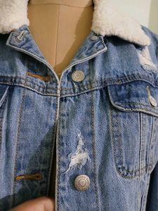 Distressed Denim Jacket with Sherpa Collar